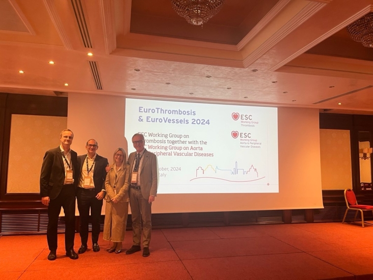 (Left to right: Immediate past and current chairs of the ETEV Working Groups: Assoc. Prof. Oliver Schlager, Prof. Jose Fernando Rodriguez Palomares, Prof. Diana Gorog, Dr Andrea Rubboli)